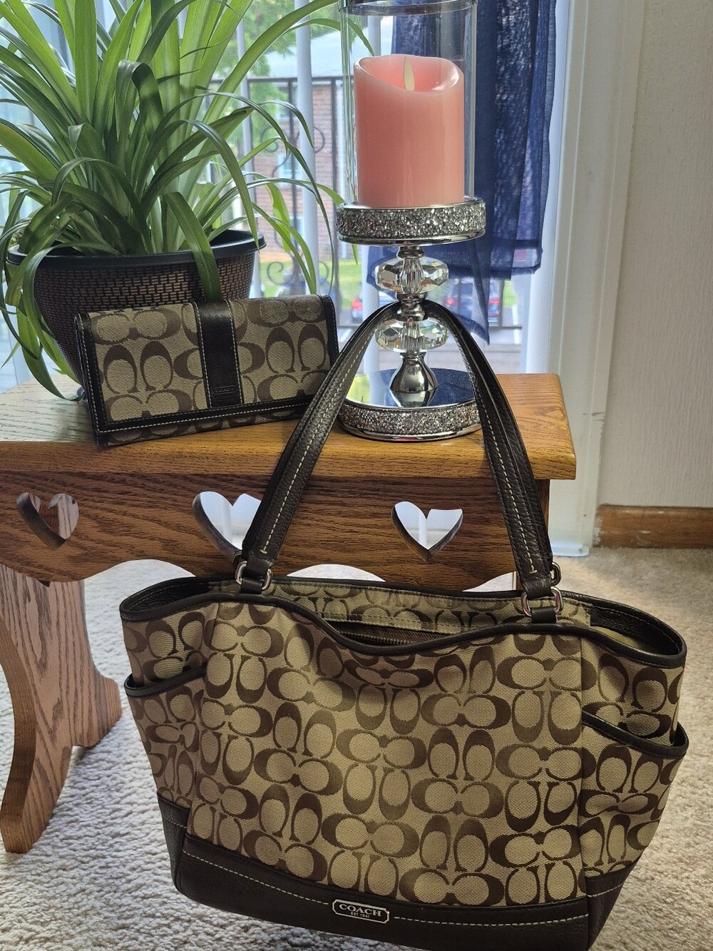 Coach Tan and Brown Signature Canvas Tote with Matching Wallet. GOOD CONDITION